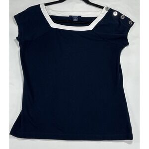 Chaps Sleeveless Shirt Woman Size S Navy Blue White Trim Cotton‎ Blend Preppy